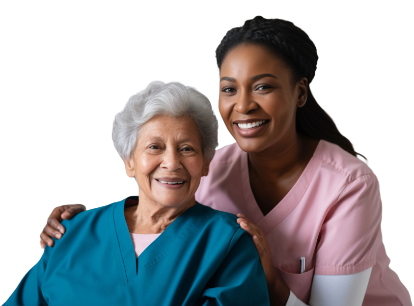 Professional nurse from our nurse staffing agency posing with a happy elderly patient, showing warmth and compassionate care.