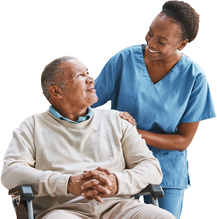 Smiling nurse connecting with a senior man in a wheelchair, conveying warmth, understanding, and open communication.