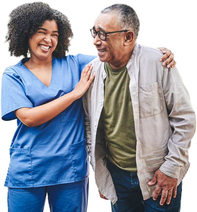 Happy nurse walking arm-in-arm with a senior man, highlighting how staffing solutions address staffing shortages with compassion.